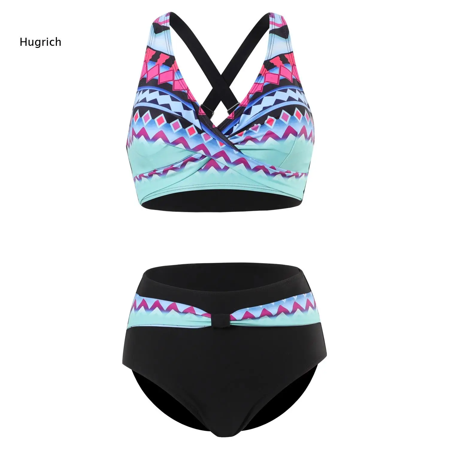 High Waisted Bikini Swimwear For Women Colorful Geometric Pattern Cross Back Top Bathing Suit For Summer Beach Activities