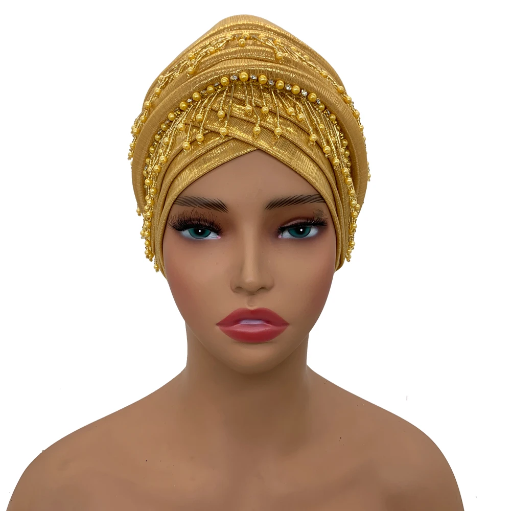 Perlen Quasten Turban Kappe für Frauen elegante afrikanische Auto Gele Headtie weibliche Kopf Wraps Motorhaube Turbante Mujer