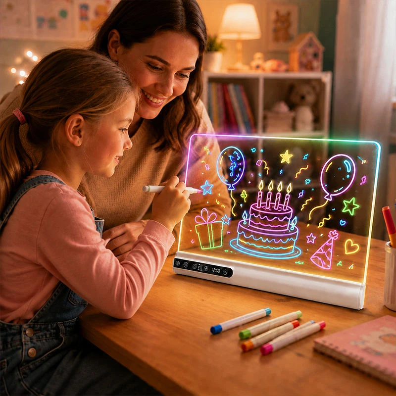 Rechargeable LED Drawing Board for Kids Birthday Christmas Gift, Doodle Neon Glow Pad with Clock, Auto Off with Timer