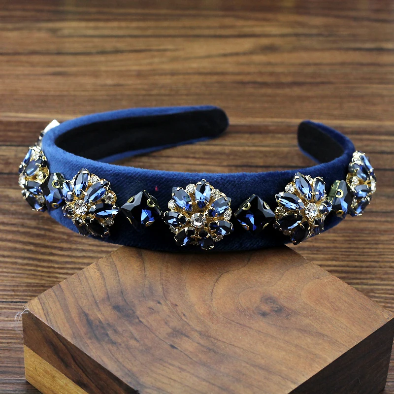 Handmade Luxury Navy Crystal And Rhinestone Hairband Vintage Bling Headband For Women Hair Accessories