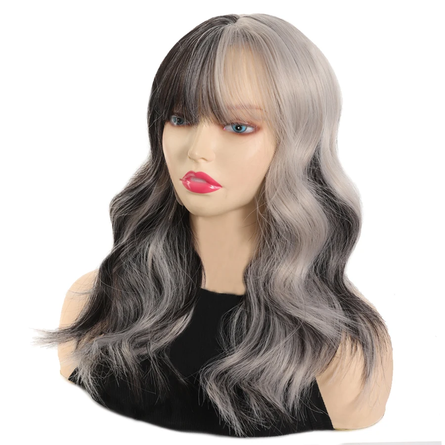 Synthetic medium Mixedblack gray wig with bangs water wave wig  cosplay Halloween wig Heat Resistant Fiber Natural Fake Hair