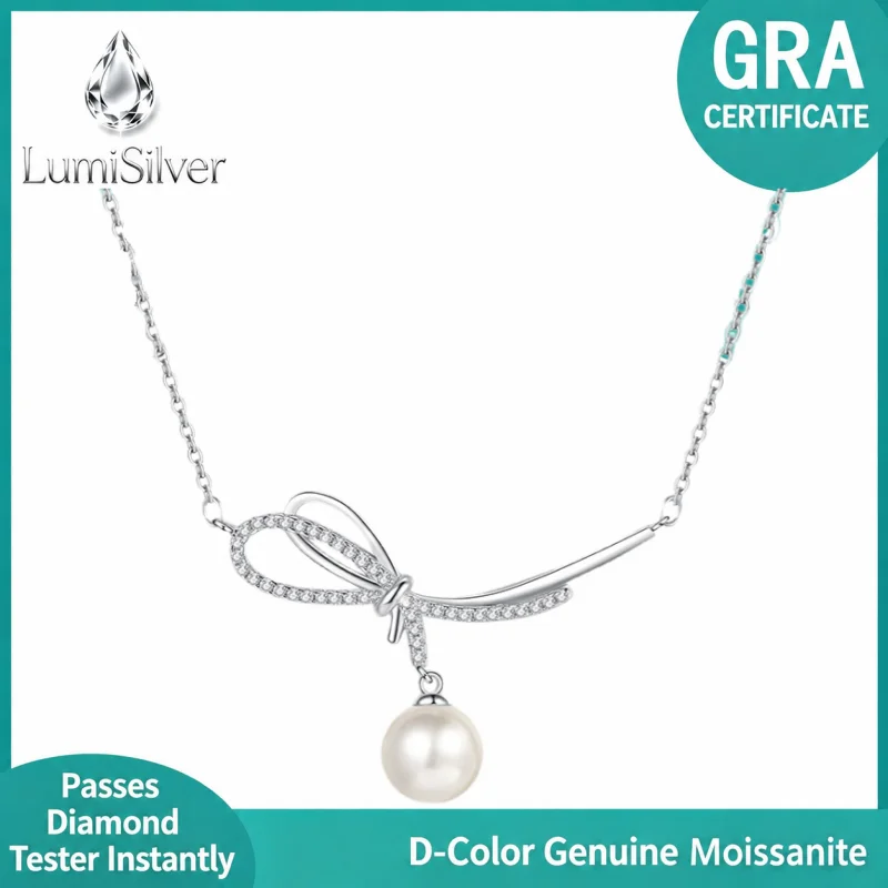 925 Silver Jewelry Moissanite Butterfly Knot Pearl Necklace for Women Non-Fading Unique Summer Versatile Pendant Clavicle Chain