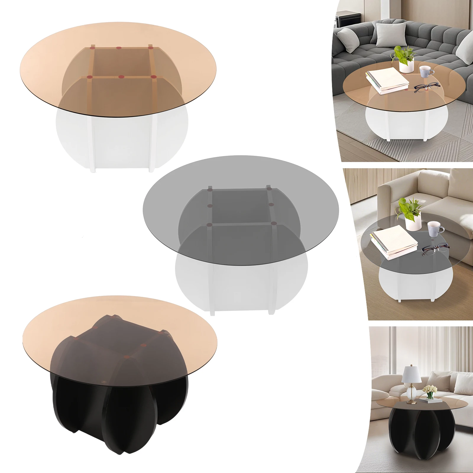 70cm ラウンドパーティクルボードコーヒーテーブル、ホワイト/ブラック/タウニーガラステーブルトップコーヒーテーブルオフィス、リビングルーム用フロアスタンディング