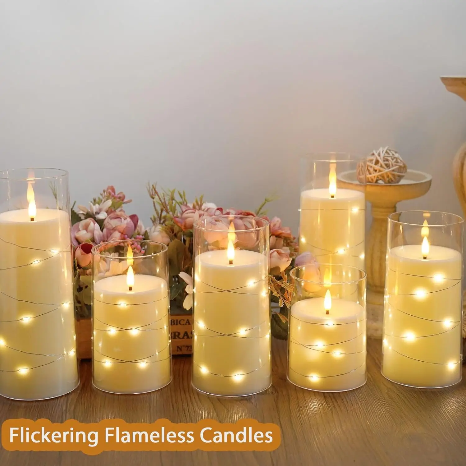 LED Flameless Candles Embedded Star String Battery Operated Flickering Pillar Candle Light Fairy String Light Chirstmas Decor