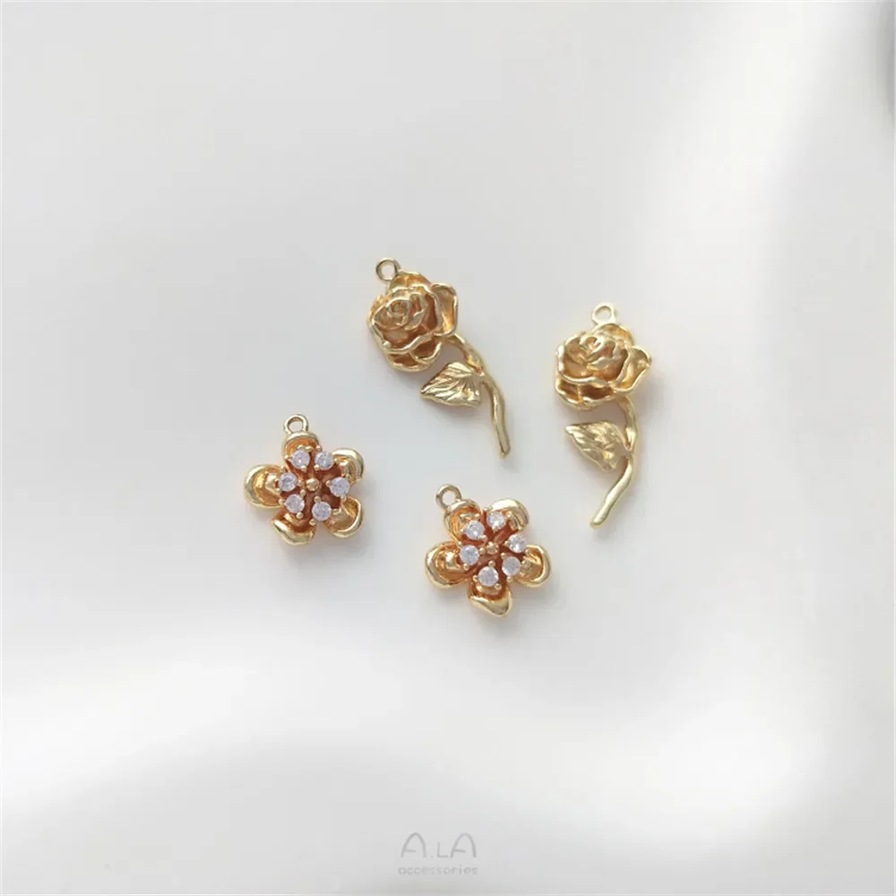 Paquete de oro de 14 quilates, flor de circón con rama y hoja, colgante de rosa, pendientes hechos a mano, collar, pulsera, colgante de joyería DIY