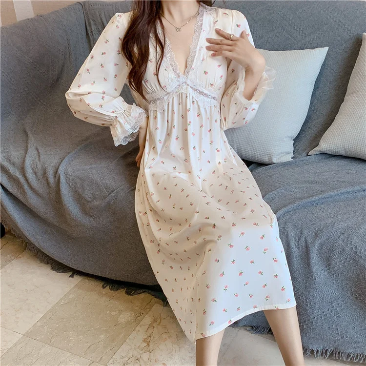 Lisacmvpnel Spring New French Romantic Nightdress V-Neck Long Sleeve Flower Print With Breast Pad Sleepwear