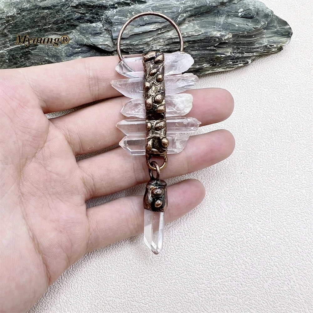 5PCS Large Soldered Bronze Natural Clear Quartz Crystal Vintage Necklace Pendant MY230447