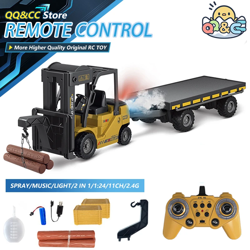 

1/24 11CH 2.4G Remote Control Engineering Vehicle Flatbed Forklift Heavy Truck With Spray Light RC Trucks Construction Car Toys