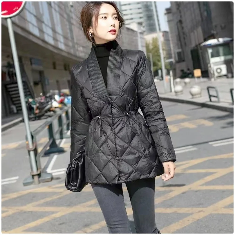 New autumn and winter thin down jacket for women white duck down short style small waist slim fit coat for women