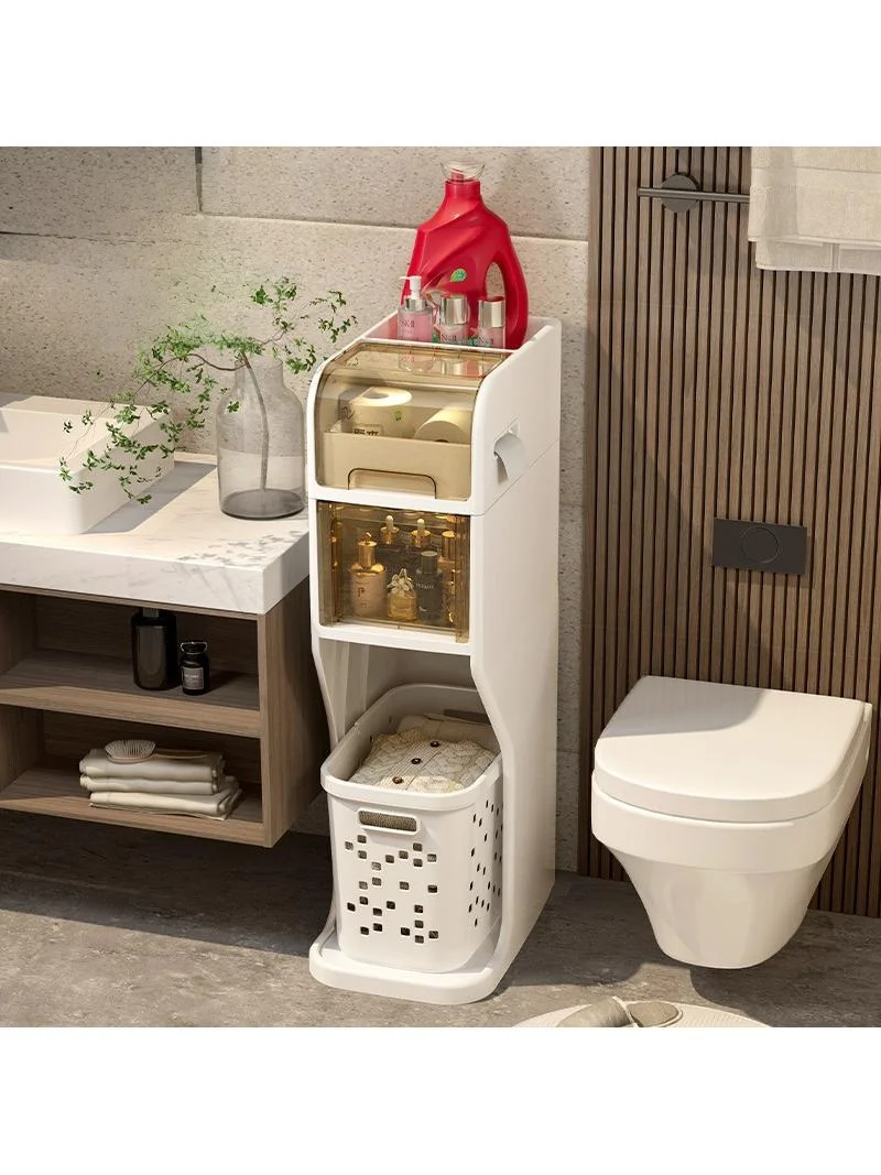 

Bathroom Toilet Storage Cabinet with Dirty Laundry Basket Modern Minimalist Style 4 Layers Plastic Organizer for Bath Room