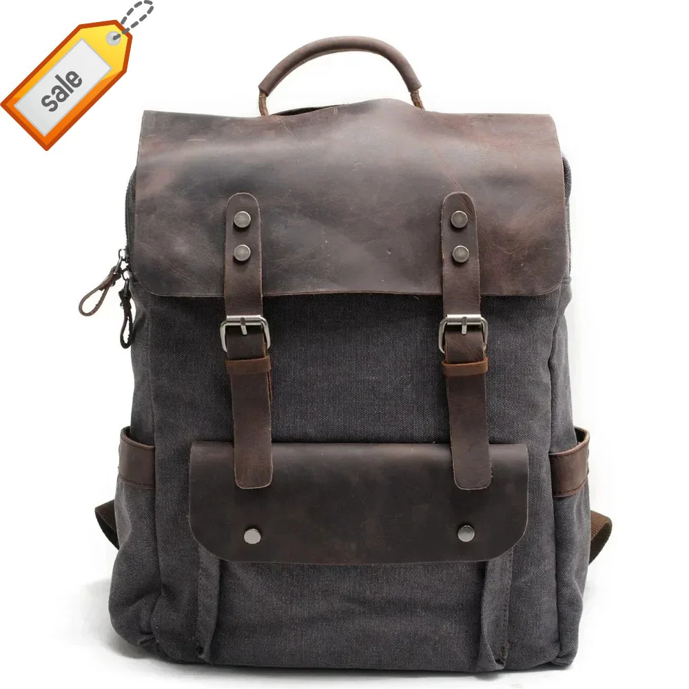 

M030 Hot New Multifunction Fashion Men Vintage Canvas Backpack Leather School Neutral Portable Wearproof Travel Bag