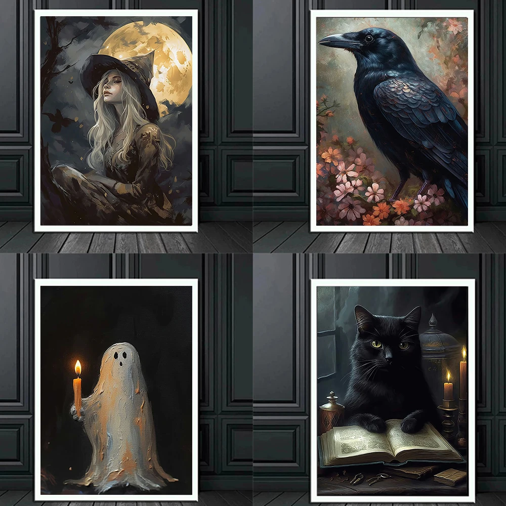 Póster de pared de arte de la Academia oscura, Victoria Crow, bruja, fantasma, decoración de fondo de Halloween, impresión de imagen gótica, pintura en lienzo