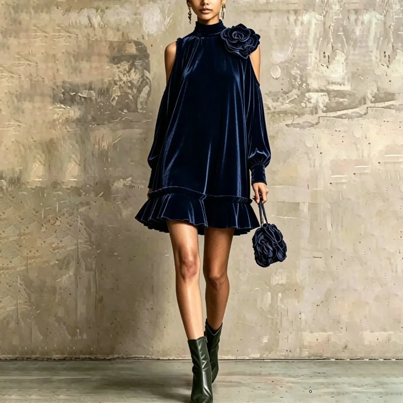 Women Turtleneck Velvet Dress Cold Shoulder 3D Rose Floral Decor Ruffle Hem Mini Dress Long Sleeve Cocktail Party Short Dress