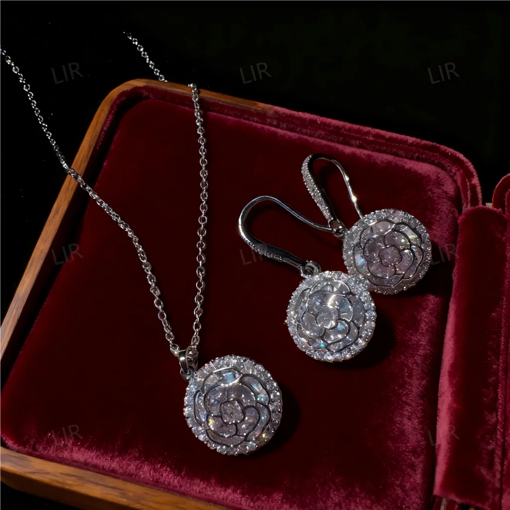 مجموعة مجوهرات LIR النسائية المخصصة: قلادة جوهرة مستديرة من شوبرت روز (متوهجة بالنجوم)، أقراط زهرة الزركون قيراط كبيرة لامعة #6
