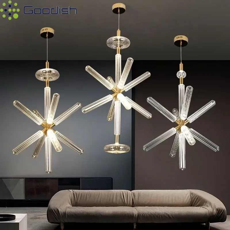 Modern Minimalist Nordic Glass Tubes Snowflake Shaped LED Pendant Lights Art Creative Lamps for Hall Home Decoration Chandelier