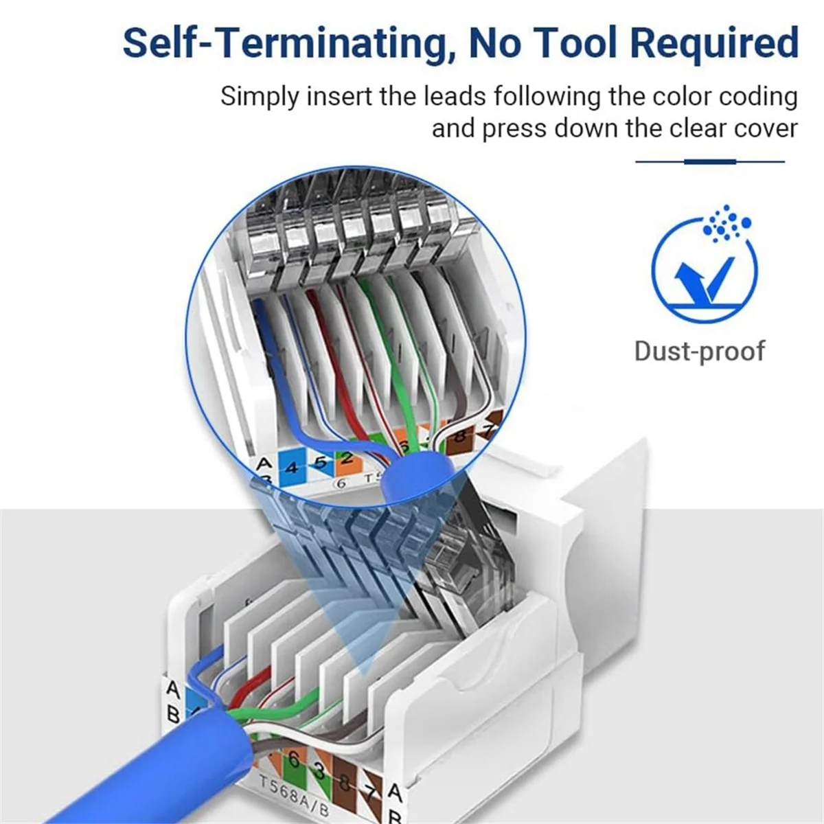 Efficient 10 Pack Cat6 RJ45 Keystone Jack, Tool Less No Punch-Down Tool