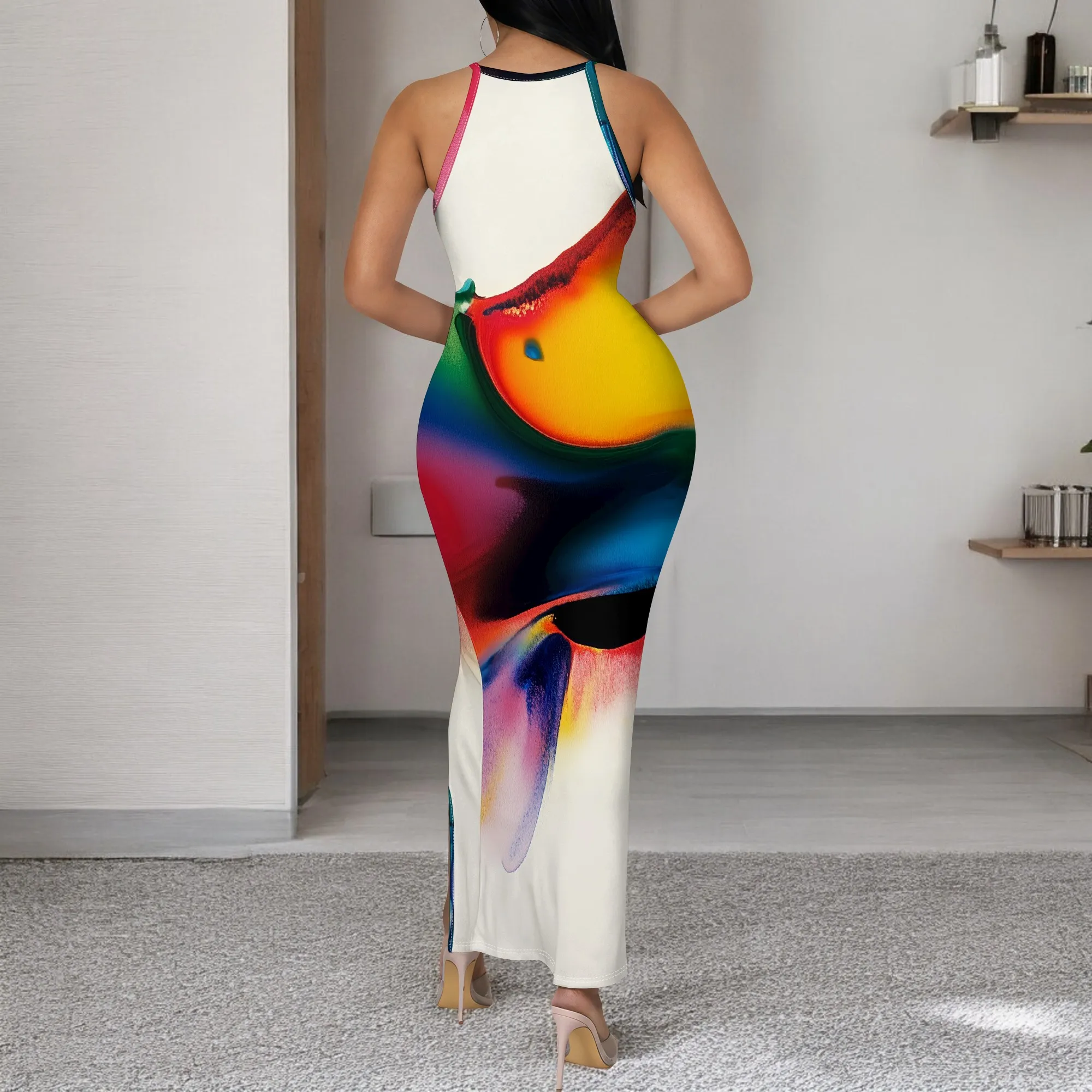Women's Colorful Abstract Print Maxi Dress | Rainbow Gradient, Side Slit, Sleeveless | Perfect for Summer Parties, XS-3XL
