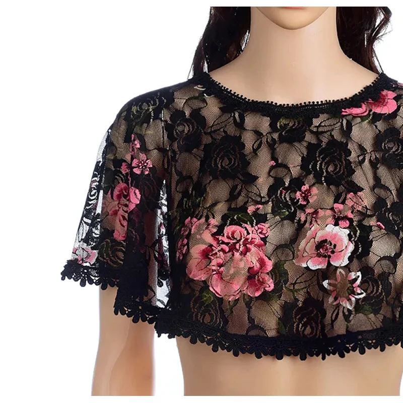 한국어 단색 장미 중공 레이스 투명 들어 갔어 목도리 여성 여름 태양 의류 Cheongsam 케이프 자켓 블라우스 R26