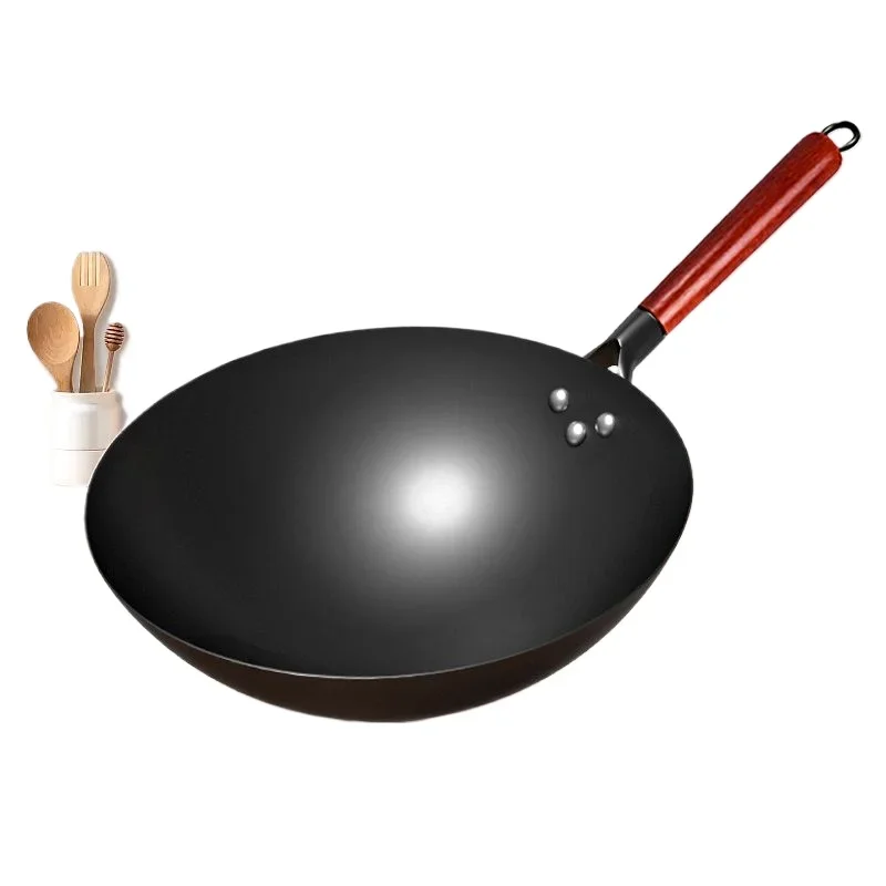 Iron Wok Pan, 32cm Woks & Stir-Fry Pans No Chemical Coated Flat Bottom Chinese Woks Pan for Induction,Electric,Gas