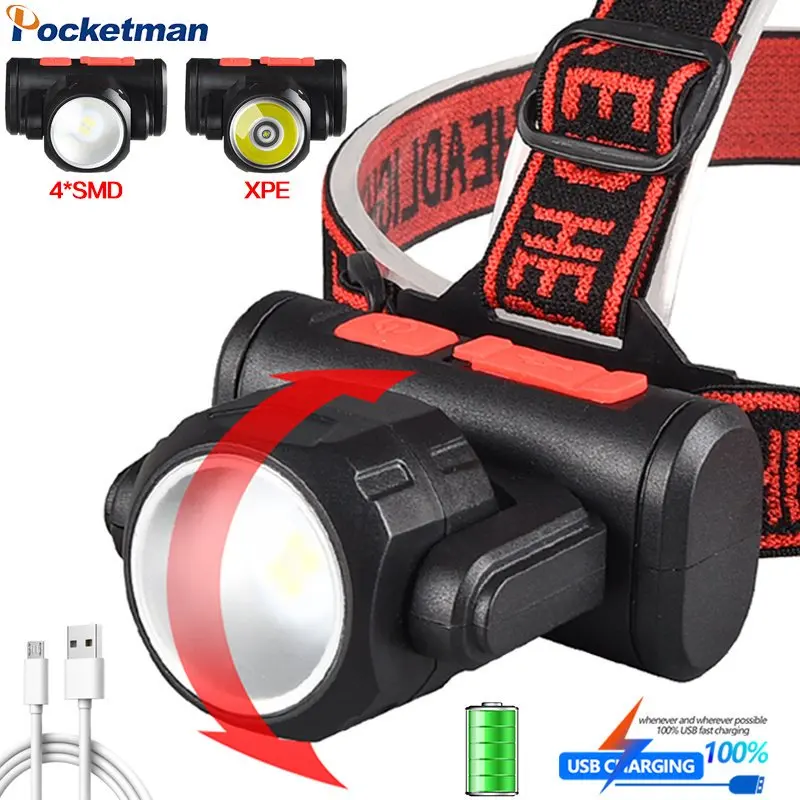 Super Bright LED Headlamp 3 Modes USB Rechargeable Headlight Hard Hat Work Light with Adjustable Headband Waterproof Head Torch