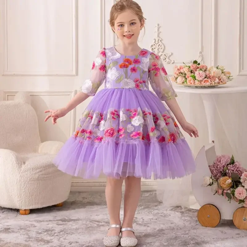 Girls Embroidered Flower Party Dress Formal Princess Gown for Wedding Birthday Children Ceremony Ages 6-10