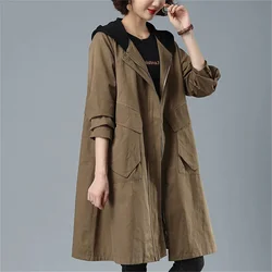 Lining Windbreaker Women Mid-length Loose Korean Fashion 5xl Autumn 2022 New Wild Spring Trench Coat Women Jacket Hooded