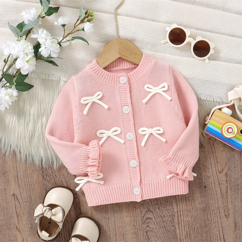 Toddler Girl Pink Ruffle Cardigan Sweater Crew Neck Long Sleeve Button Down Knit Pullover Winter Fall Outfit