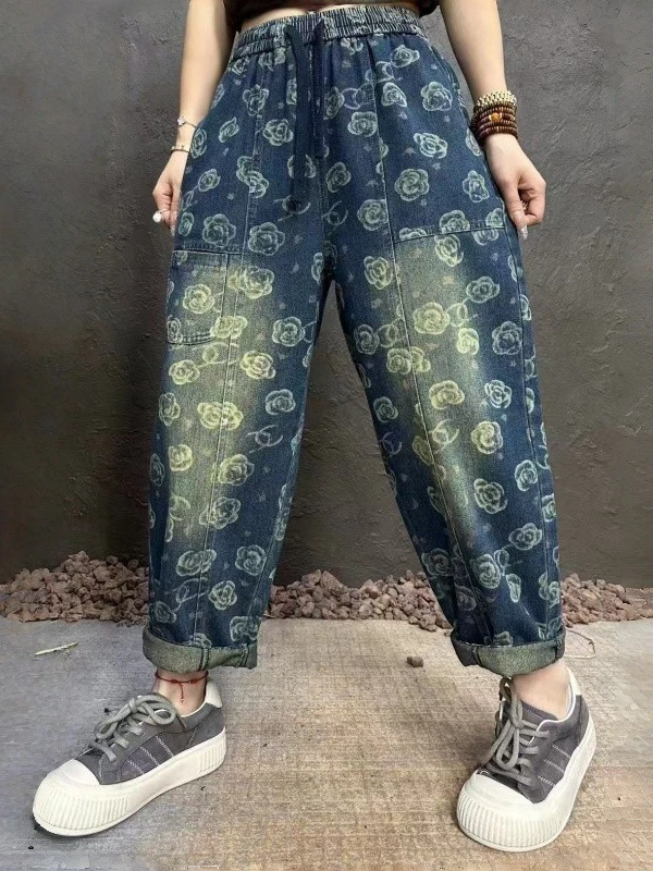 Lente 2026 Casual Harajuku Sle Loose Fit Gedrukt Denim Rechte Pijpen Broek Dames Afslankende Elastische L Taille Jeans