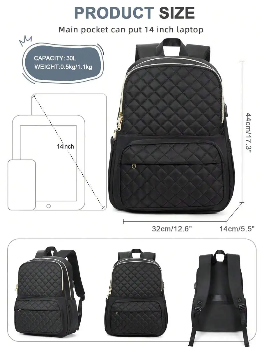 Laptop Backpack For Women, Quilted Durable Classical 14/15.6 Inch Laptop Bag For Work Travel With Laptop Compartmen, Fashion Daypack School Backpack For Girls, Waterproof Lightweight Casual Back Pack College School Bookbag With USB Charging Port For Men