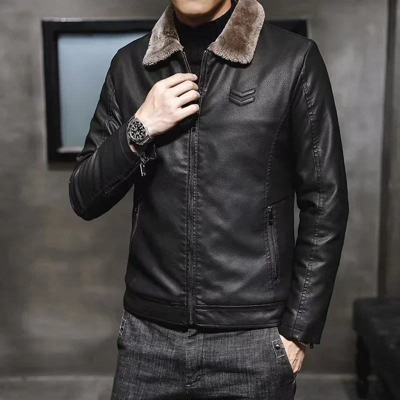 

Men's Vintage Leather Jacket Winter Lined Lambskin Fur Collar Motorcycle Windproof Jacket Business Casual Warm PU Leather Jacket