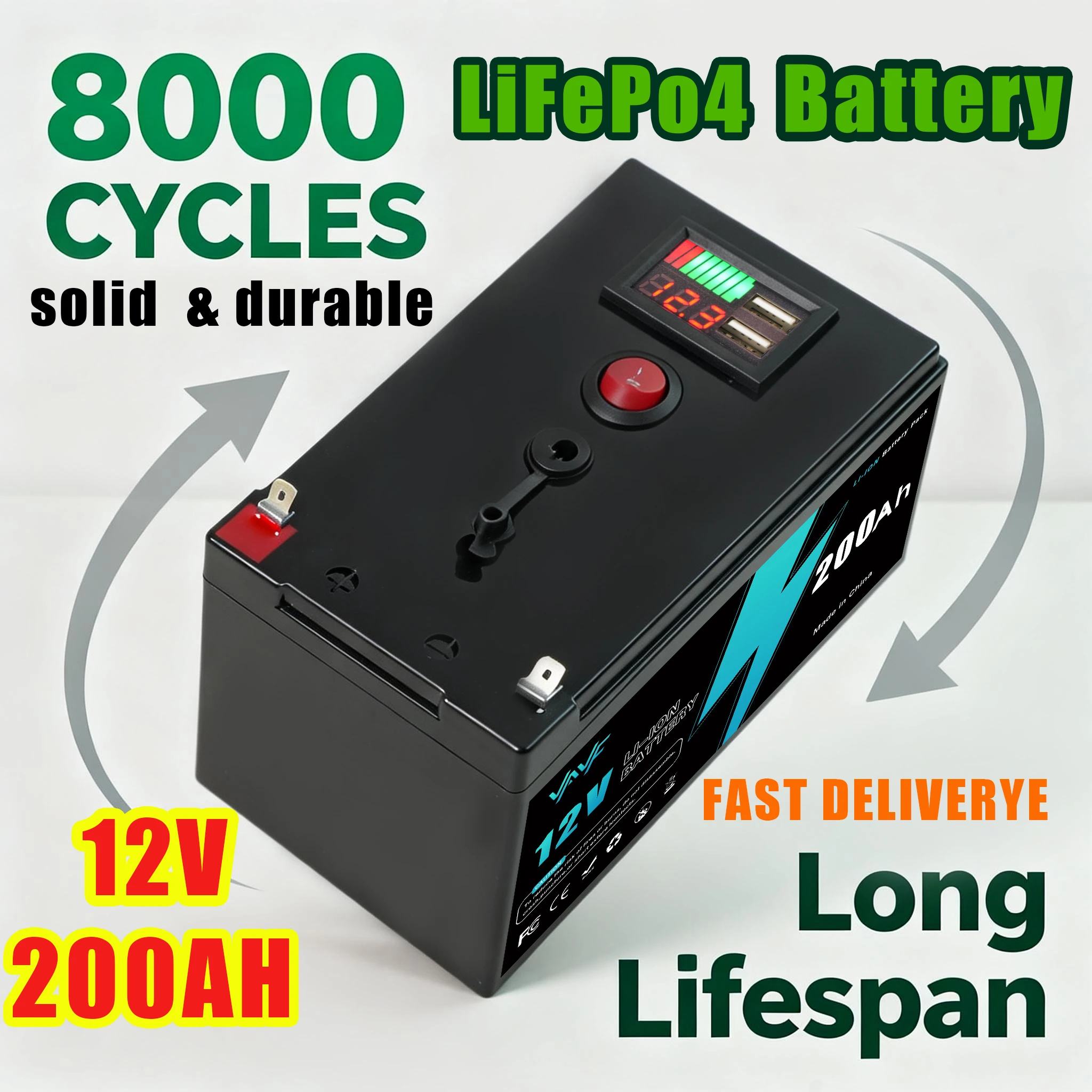 

Brand New 12V 200Ah LiFePO4 Deep Cycle Battery, Rechargeable Built-in BMS for Solar Power,Scooters,Fish Finder,Boats