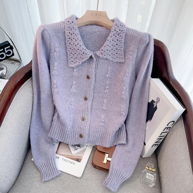 Purple NEW Hollow Out Fashion Sweater Winter Women's Cashmere Solid Cardigan Knitted Jacket Loose Long Sleeves Female Top