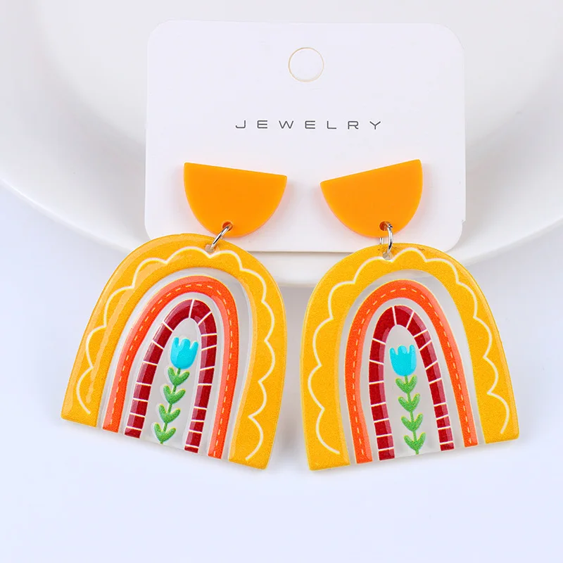 Arco-íris Dangling Brincos Para As Mulheres Listras Minimalistas Acrílico Criativo Macaron Arco-íris Amante Brincos Bohemian Holiday Gift