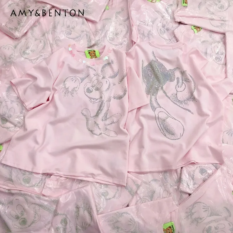 

Summer Sweet Cool Tees Fashionable Heavy Caraft Rhinestone Front And Back Pattern Pure Cotton Loose Casual Short-sleeves T-shirt