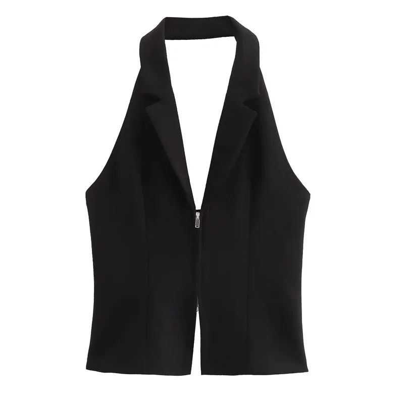 TRAF Off spalla Halter corsetto Top Backless Sexy Crop Top donna estate bianco nero canotta femminile cerniera senza maniche canotta