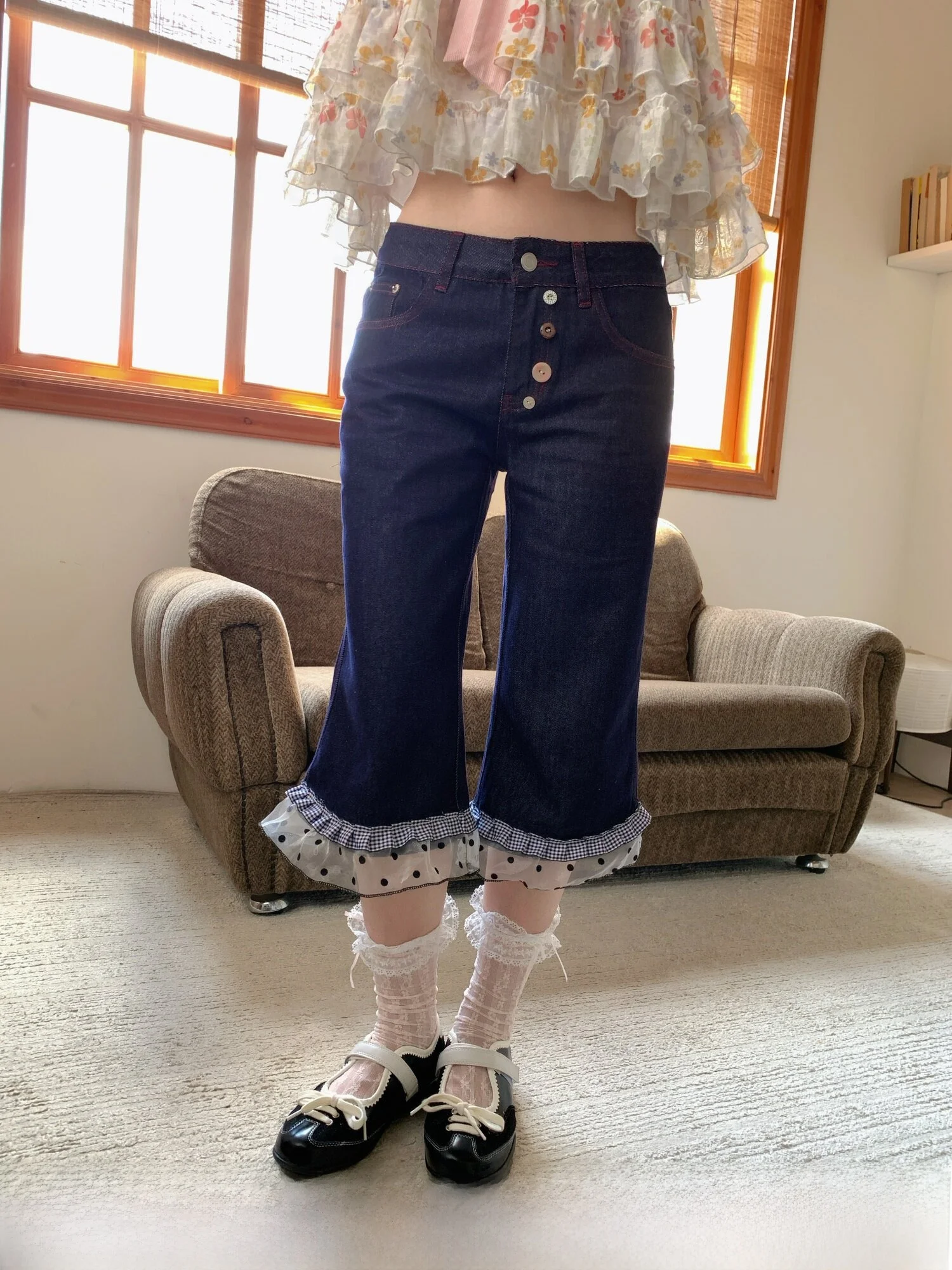 RRFIGHT Vintage Spliced Fake Two-Piece Denim Jeans Women Slim Wood Grain  Nine Points Cotton Polyester Blend Casual Pants