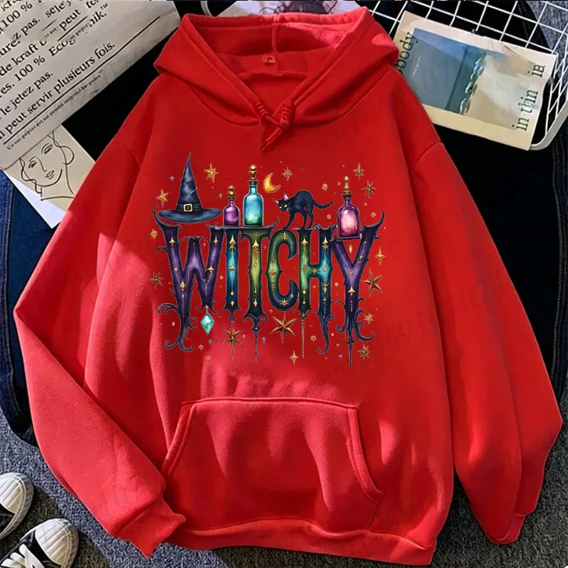 Women's Witchy Graphic Hoodies Halloween Witch Hat Black Cat Moon Sweatshirts Casual Witch Party Tracksuits Spook Season Shirts