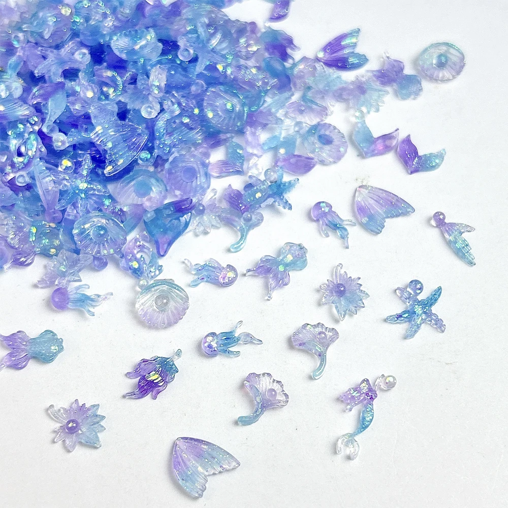 50 Pcs/Bag Blue Purple Rhinestones Nail Art Charms Luminous 3D Resin Jellyfish Starfish Shells Ocean Manicure Decorations