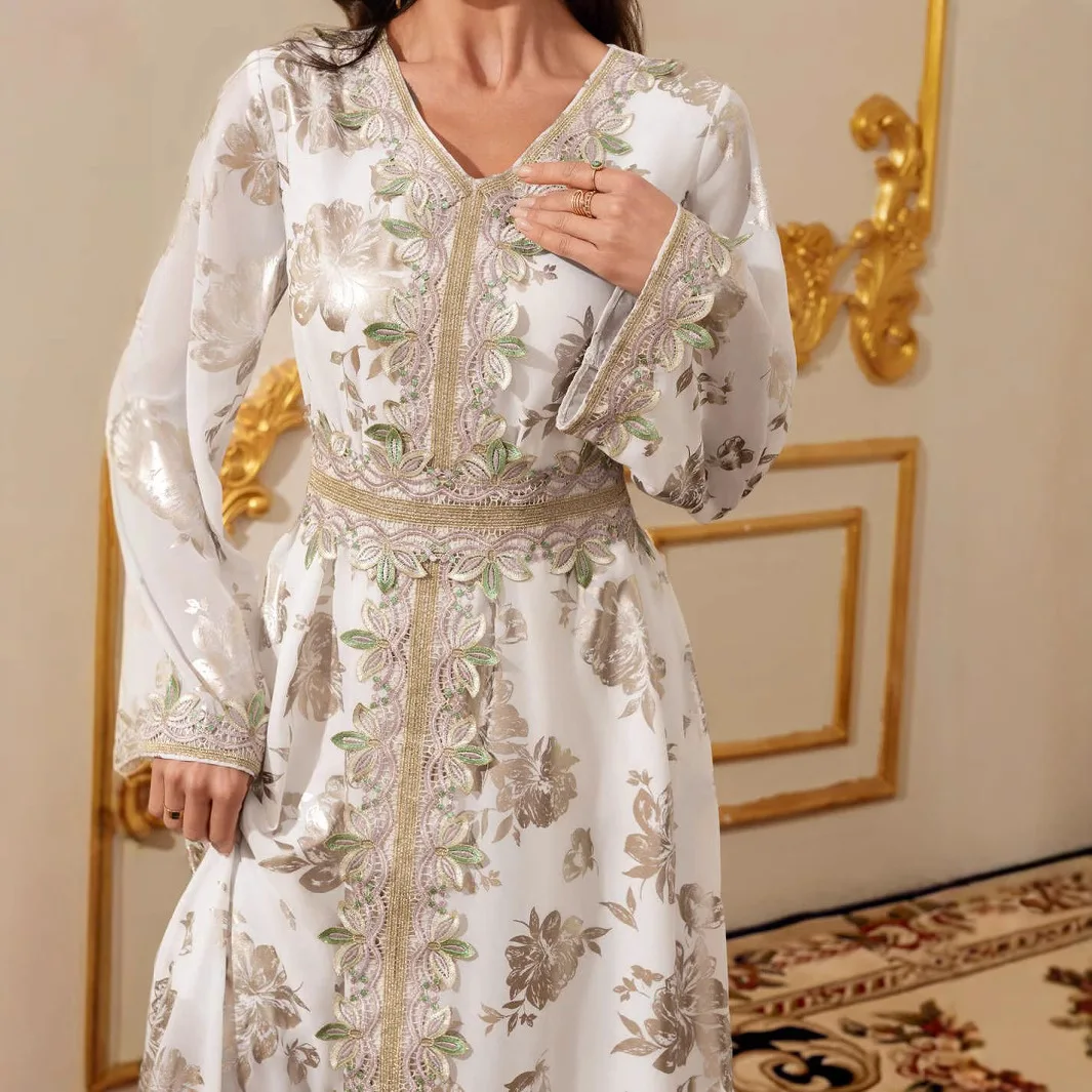 

Дубай Sle Long Sve V-Ne Dr Арабский кружевной халат Dr Женское модное платье Ele Традиционный национальный сценический костюм