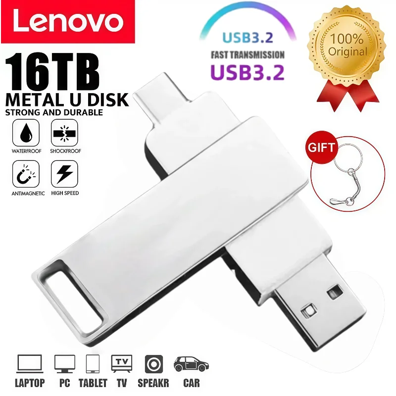 

Lenovo 16TB USB 3.2 Flash Drive High Speed Transfer Type C Flash Portable Mini Metal Pendrive Memoria Stick Waterproof Pen Drive