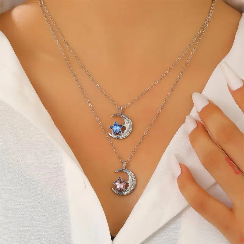  Romance Star and Moon Pendant Necklace Featuring Zirconia Accent for Lovers