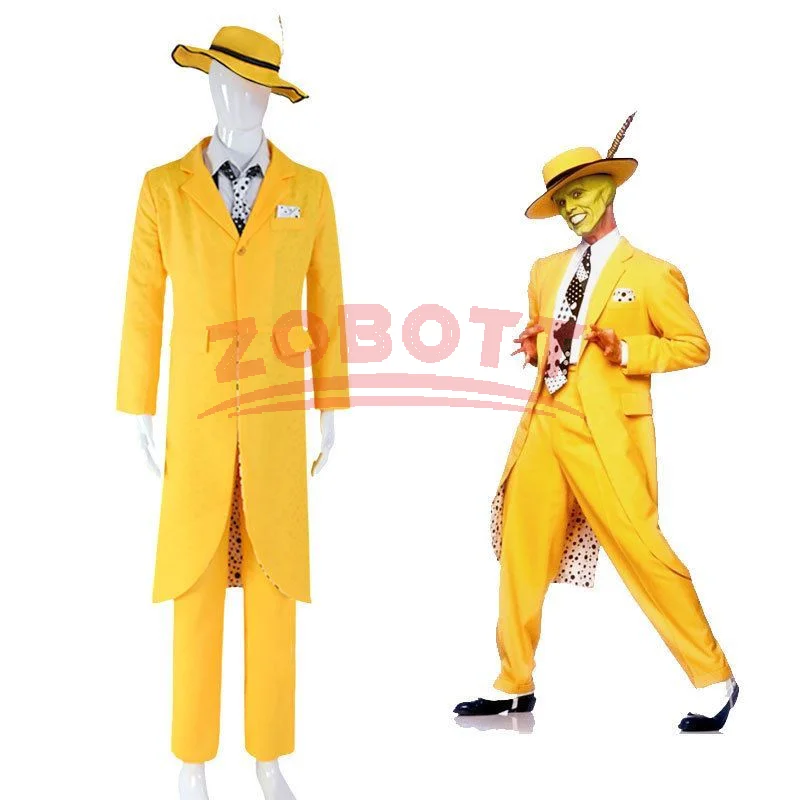 Film 'The Mask' Cosplay-Kostüm Jim Carrey Cosplay Gelbe Uniform Herren Party-Anzug Hut Grüne Maske Halloween Joker Clown Requisiten-Outfit