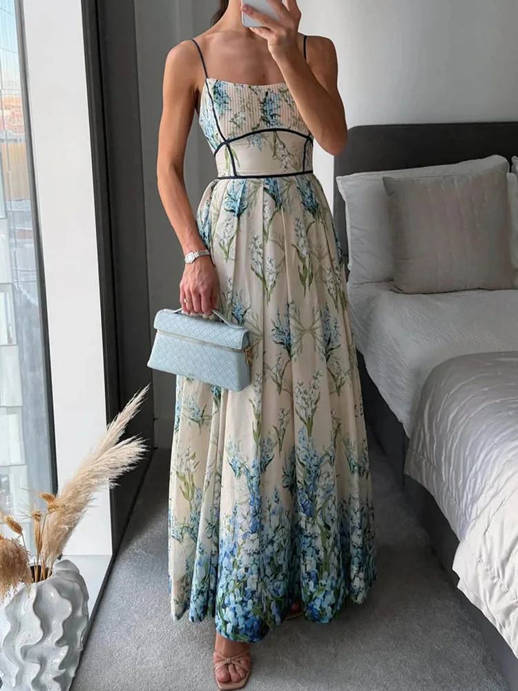 Rückenfreies Maxikleid mit Spaghettiträgern, schlichter Druck, Patchwork, Urlaub, lässig, ärmellos, modische Streetwear, Partykleid, Vestidos