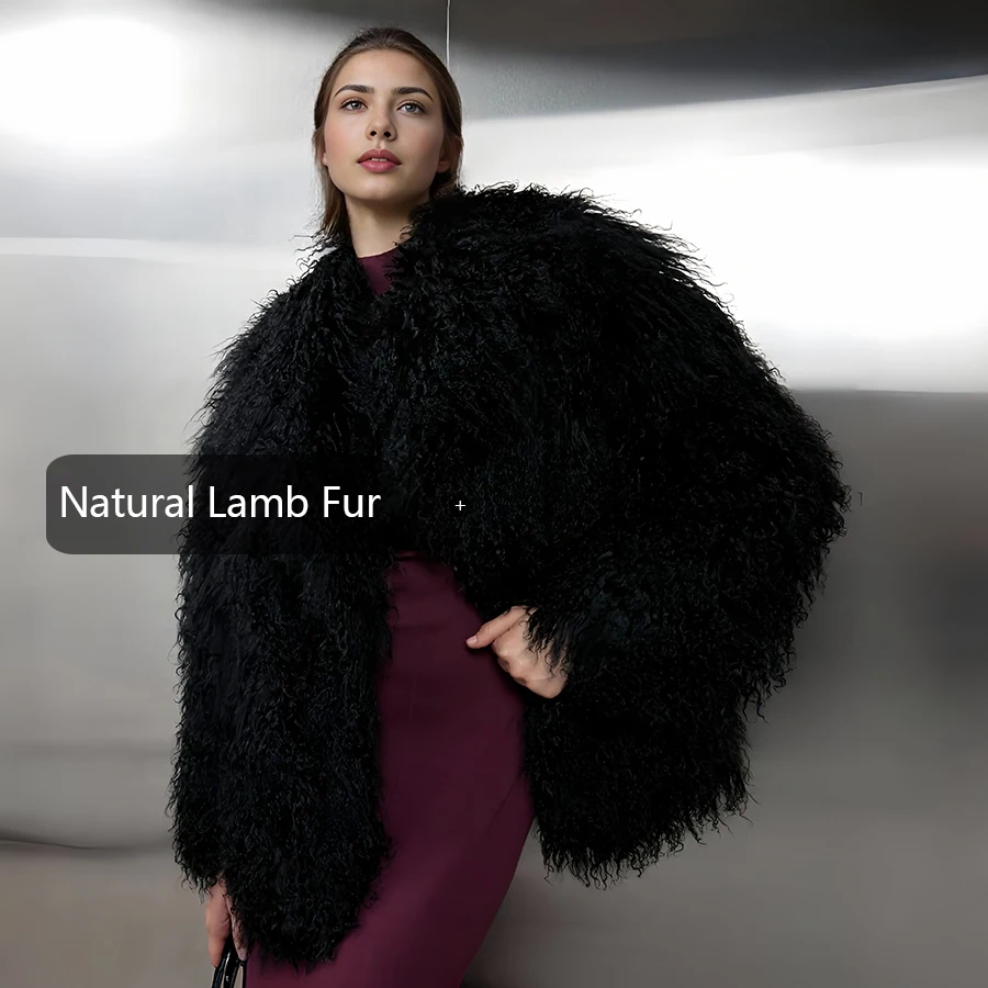 Cappotto di vera pelliccia mongola Cappotto di lana di pecora da donna nero Cappotto corto di pelliccia di agnello con colletto Giacca pelosa Cappotto di pelliccia naturale di lusso