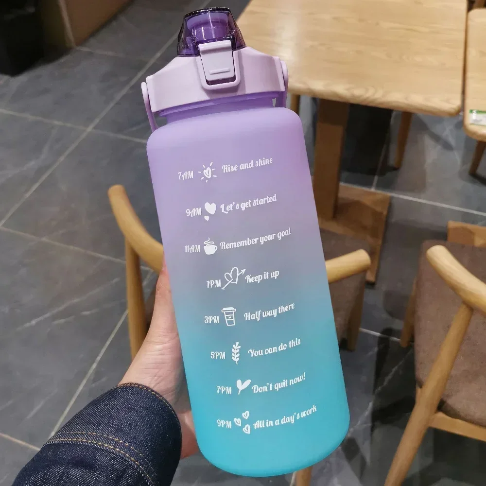 Hot Large Couple Cup with Straw Time Scale Water Bottle Plastic Water Cup Large Student Frosted Outdoor Sports Water Bottles 2L