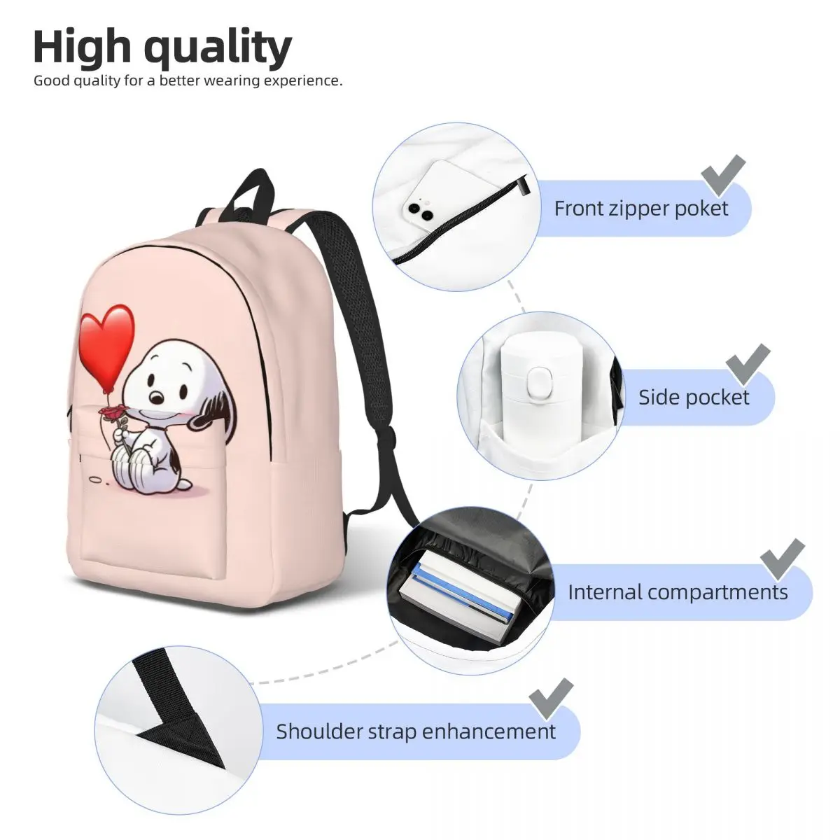 Casual Canvas Backpack Snoopy Multi-Compartment Lightweight Bag for School, Hiking, and Everyday Essentials