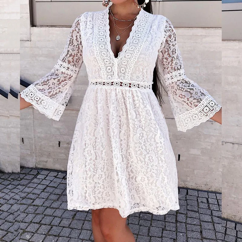 2021 Spring Women Sexy Crochet Lace V-Neck Party Dress Elegant Flare Sleeve Chiffon Mini Dresses Ladies Fashion Hollow Out Dress