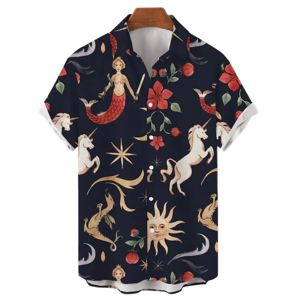 Hawaiian Style Mermaid Print Summer Men's Shirt Casual Oversized Short Sleeve Fashion Single-Breasted Blouses Trend Lapel Shirts