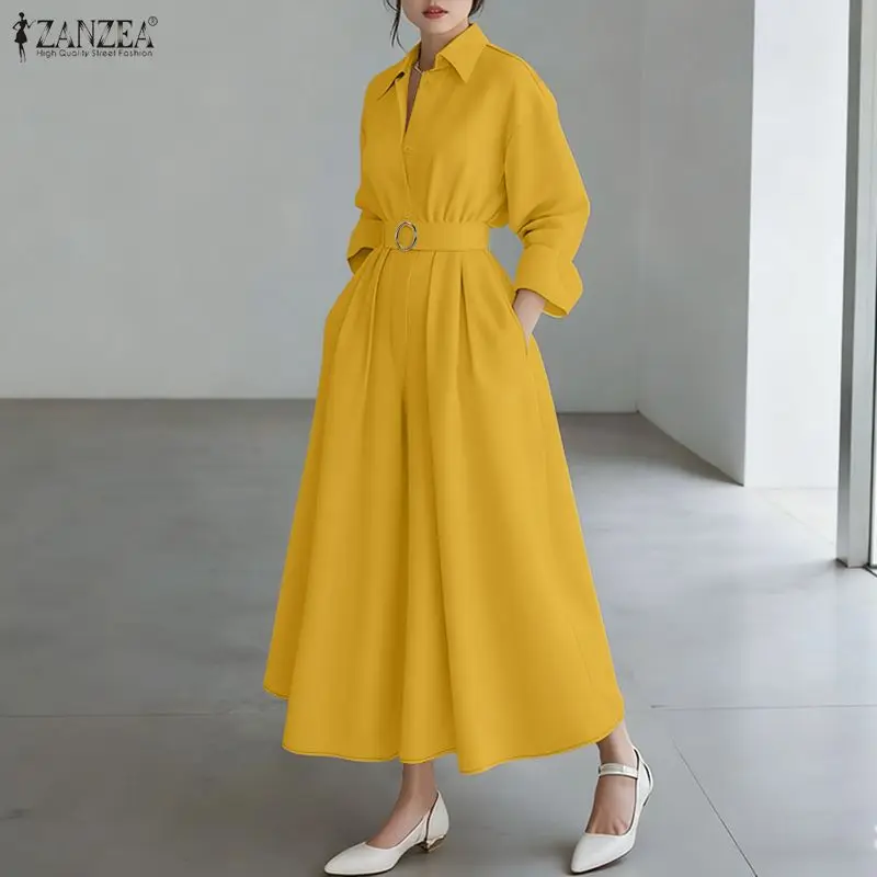 ZANZEA نساء موضة مربوط فساتين طويلة ملابس علوية بأكمام طويلة للربيع نصف أزرار بياقة ماكسي قميص فستان ملابس امرأة 4 ألوان S-3XL #5