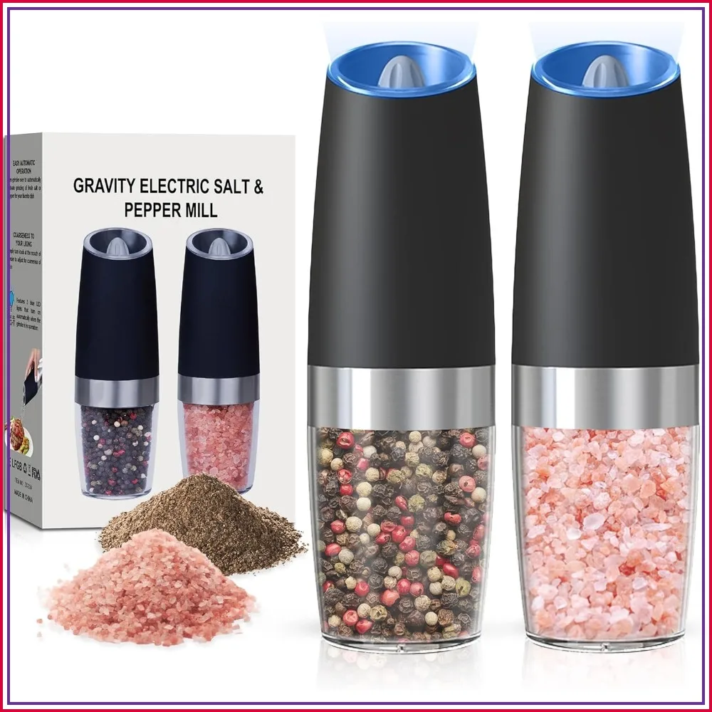 Juego de salero y pimentero automático con luz LED, grosor ajustable, paquete de 2